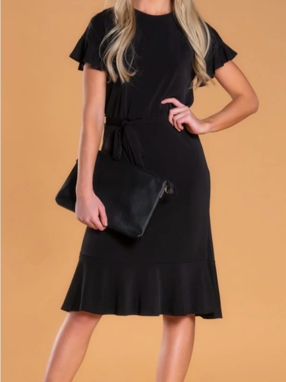 Black Ruffle-Hem Tie-Waist Dress - Women size Medium